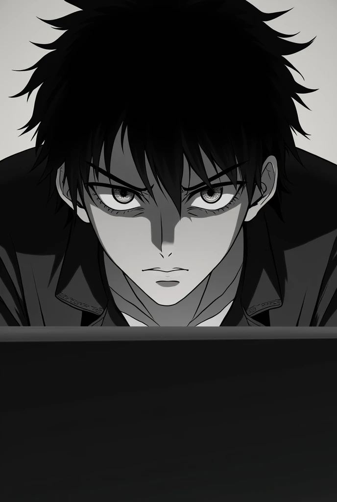 ((best qualityer)), ((work of art)), (detailded), Toji Fushiguro, black andwhite, ombro to ombro sweater, in front of the computer