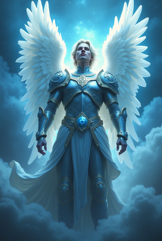 Generate an image of Archangel Michael with blue tones as halos of light