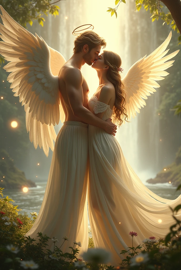 A heavenly man kissing a heavenly virgin.