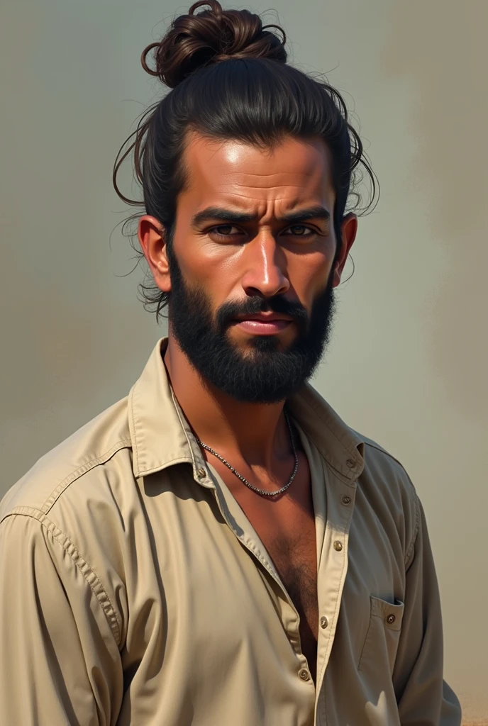 A young Arab man with beard in simple farmer's outfit, wearing hair in a bun