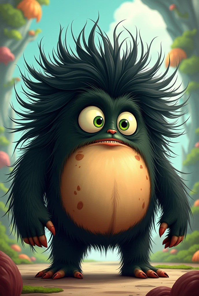 Make a cartoon monster, he is , fat, long and black hair, green eyes