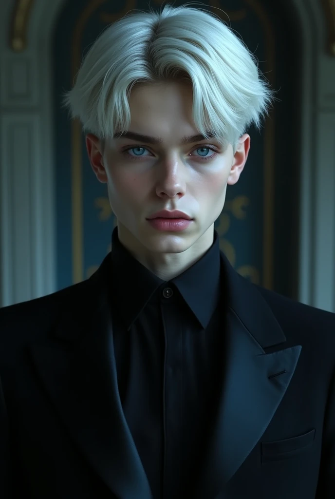 young man, beardless, blue eyes, ash-blond hair m, black suit, Caucasian, beautiful, vampire.