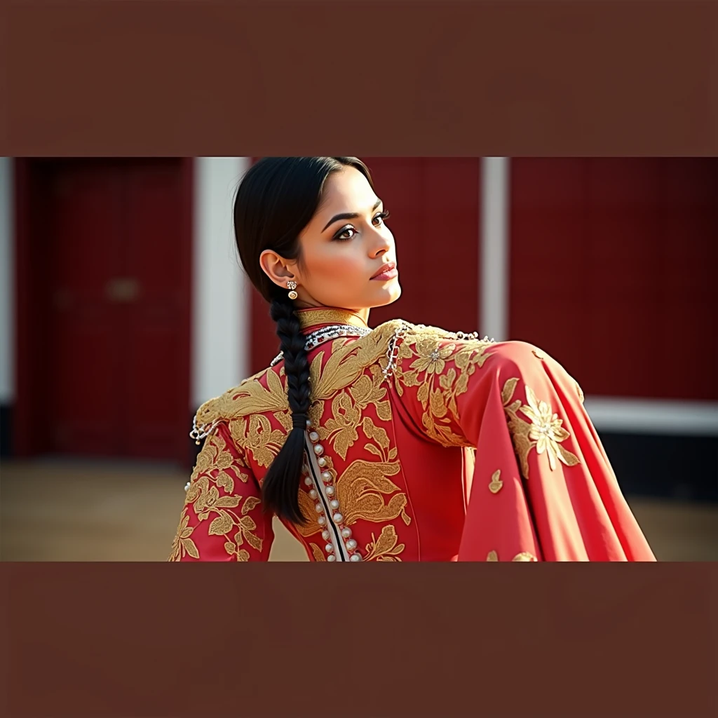"A side profile of a brown-skinned woman with a long braid tied close to the nape, her head slightly tilted down towards her shoulder. She is dressed in a fitted, traditional bullfighter outfit adorned with intricate gold embroidery on vibrant red fabric. The woman has a prominent nose, typical of Romaian ethnicity. The background features a bullring with a warm, slightly orange hue and a cinematic grain effect.