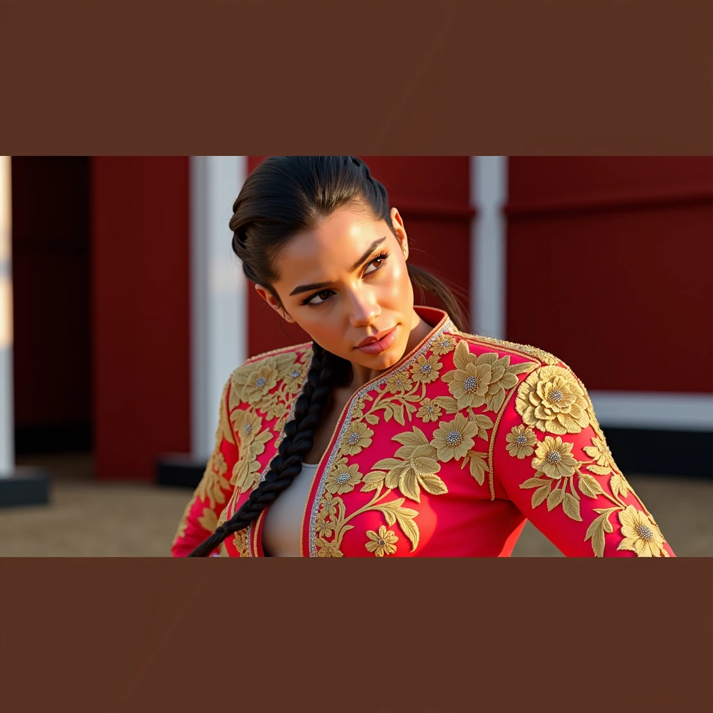 "A side profile of a brown-skinned woman with a long braid tied close to the nape, her head slightly tilted down towards her shoulder. She is dressed in a fitted, traditional bullfighter outfit adorned with intricate gold embroidery on vibrant red fabric. The woman has a prominent nose, typical of Romaian ethnicity. The background features a bullring with a warm, slightly orange hue and a cinematic grain effect.