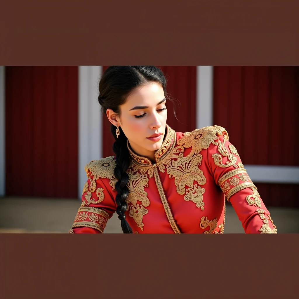 "A side profile of a brown-skinned woman with a long braid tied close to the nape, her head slightly tilted down towards her shoulder. She is dressed in a fitted, traditional bullfighter outfit adorned with intricate gold embroidery on vibrant red fabric. The woman has a prominent nose, typical of Romaian ethnicity. The background features a bullring with a warm, slightly orange hue and a cinematic grain effect.
