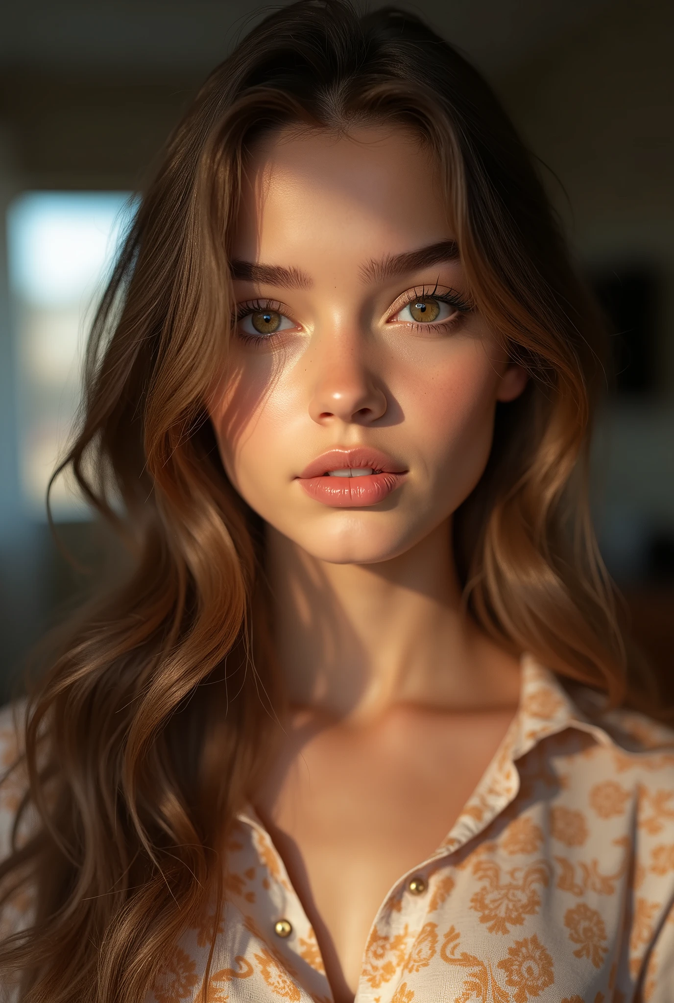best quality, face focus, soft light, ultra high res, (photorealistic:1.4), RAW photo,
1 American girl, solo, cute, (pupil, lights in the eyes), detailed beautiful face, ( wide big chest),(high resolution detail of human skin texture),
(long brown hair),
indoor,
Damask Shirt Dress,
(portrait)