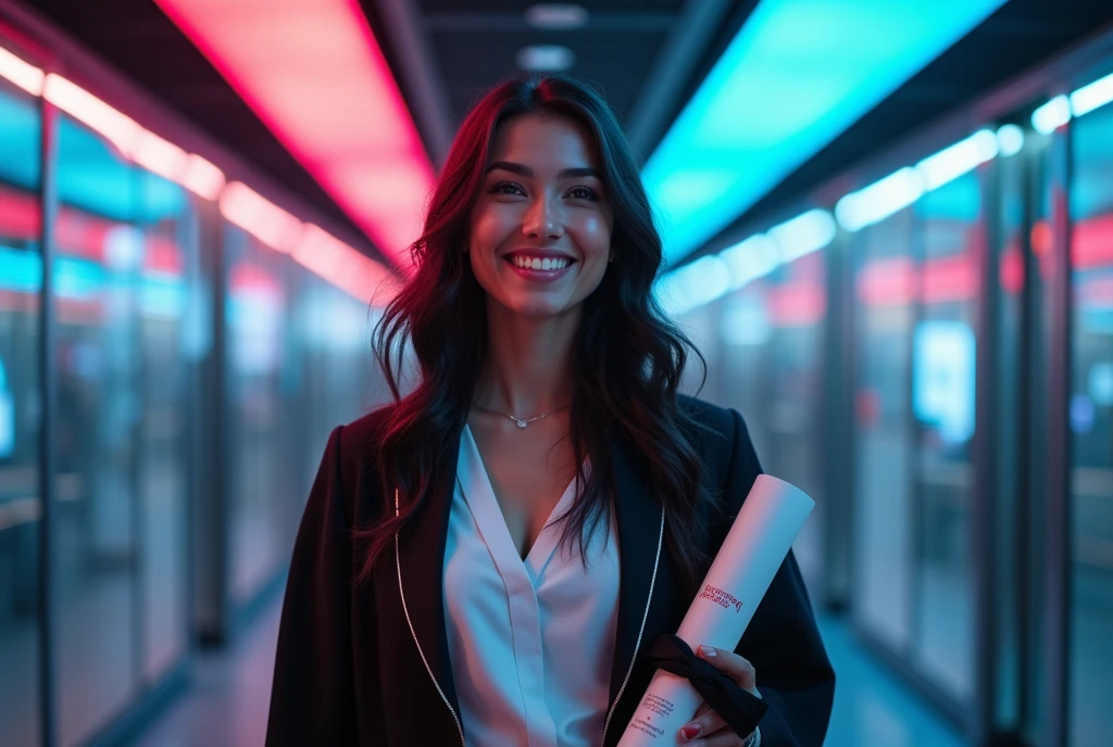 (CyberRealistic),
smiling woman, with native Latin American features of 25 years, black hair, with civil engineer clothes, receiving a diploma,