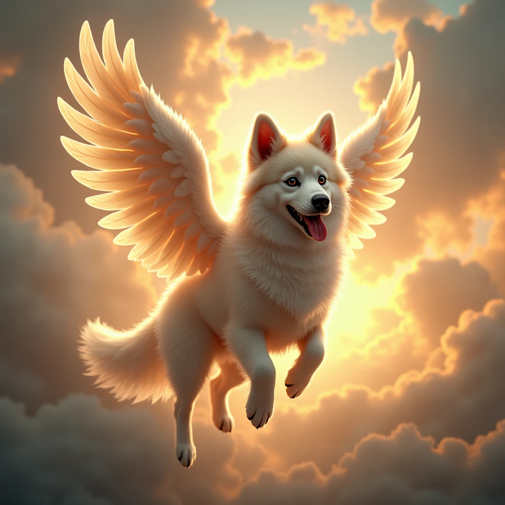 a dog with angel wings, dog with wings, angelic dog, dog in the sky, heavenly dog, majestic dog, beautiful dog, detailed dog, detailed wings, fluffy dog, detailed feathers, cinematic lighting, dramatic lighting, glowing wings, ethereal, mystical, ethereal atmosphere, magical realism, fantasy, digital art, photorealistic, 8k, highly detailed, masterpiece