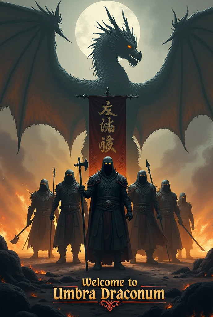 Create me an image with a dark and gloomy tone for a guild cover.
1. Place at the bottom of the image the following text "Welcome to Umbra Draconum". Centered text, first smaller the "Welcome to" and underneath larger and more imposing the text "Umbra Draconum".
2. Place 7 warriors in the style of World of Warcraft or Albion Online, wearing dark clothes and weapons such as axes, swords, ice and fire mage staffs, spears, bows and staffs.
3. The warrior in the center will hold a banner, with a dark yellow flag and a dark red v-shaped line in the middle, and in the center place the logo of a full black dragon.
4. Place in the background flames coming out from the ground in shades of yellow and red, keeping that dark tone.
5. From the bottom of everything should emerge the shadow of a very imposing oriental dragon, this dragon should be seen in its entirety above the banner and the 7 warriors.
Do not omit the text, it is very important.