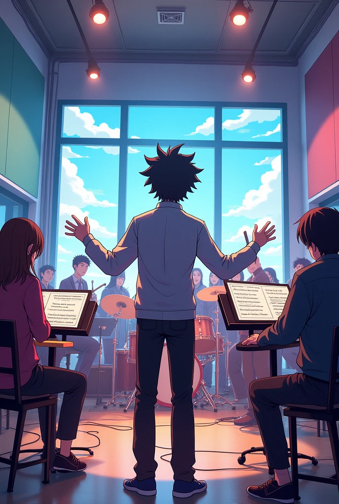 A panoramic view of a music rehearsal room with a person directing anime
