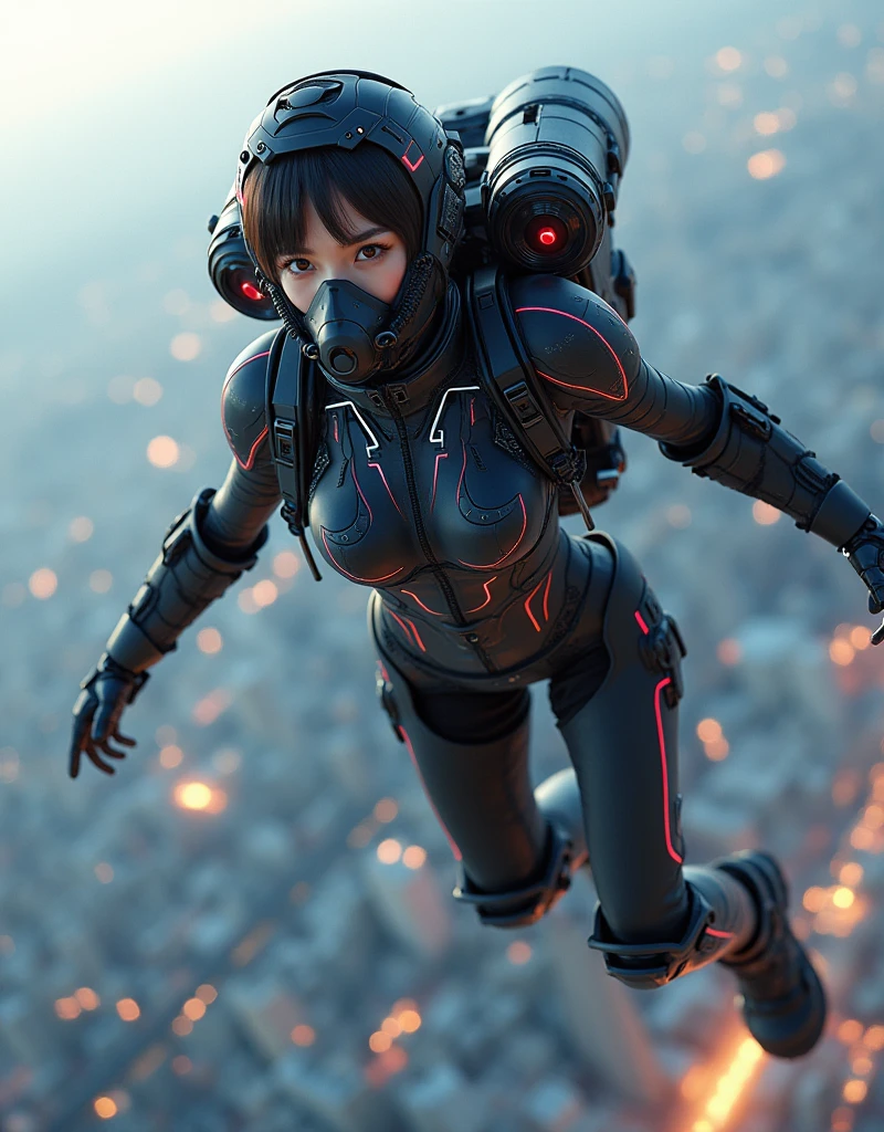 photo-realistic, ultra-realistic, very beautiful Japanese, famous Japanese idol, 20 years old, dramatic scene, masterpiece, beautiful eyes, (extremely intricated with extremely complex futuristic cyber punk mecha armored full-face gas mask:1.5), (wearing extremely intricated with complex multi-layered cyber punk mecha armored tight fitting bodysuits with neon marker:1.3), (She uses the ultra high power rocket engine on her back to flying high speed in the sky:1.5), amazing view from sky, (surprising), acrobatic pose, dynamic angle, (shoot from behind), Nimble movements, Sharp turns, (very large breasts)