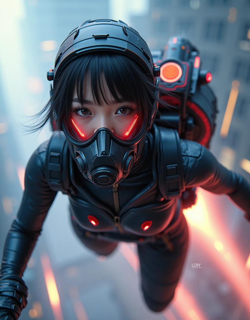 photo-realistic, ultra-realistic, very beautiful Japanese, famous Japanese idol, 20 years old, dramatic scene, masterpiece, beautiful eyes, (extremely intricated with extremely complex futuristic cyber punk mecha armored full-face gas mask:1.5), (wearing extremely intricated with complex multi-layered cyber punk mecha armored tight fitting bodysuits with neon marker:1.3), (She uses the ultra high power rocket engine on her back to flying high speed in the sky:1.5), amazing view from sky, (surprising), acrobatic pose, dynamic angle, (shoot from behind), Nimble movements, Sharp turns, (very large breasts)