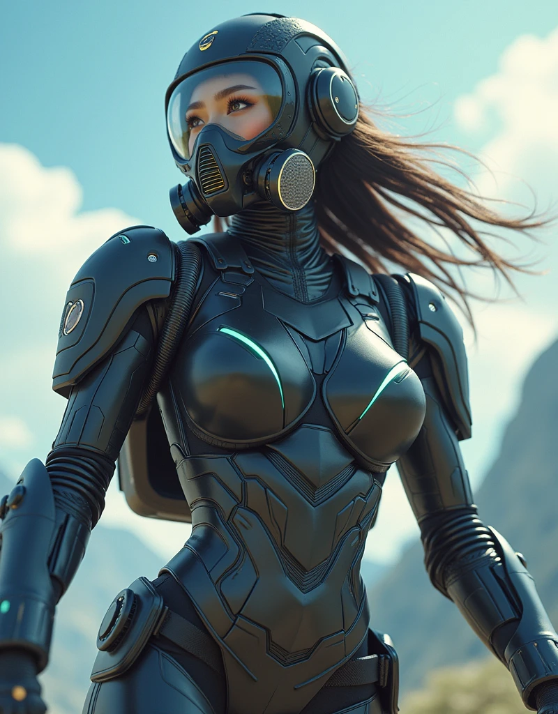 photo-realistic, ultra-realistic, very beautiful Japanese, famous Japanese idol, 20 years old, dramatic scene, masterpiece, beautiful eyes, (extremely intricated with extremely complex futuristic cyber punk mecha armored full-face gas mask:1.5), (wearing extremely intricated with complex multi-layered cyber punk mecha armored tight fitting bodysuits with neon marker:1.3), (She uses the ultra high power rocket engine on her back to flying high speed in the sky:1.5), amazing view from sky, (surprising), acrobatic pose, dynamic angle, (shoot from behind), Nimble movements, Sharp turns, (very large breasts)