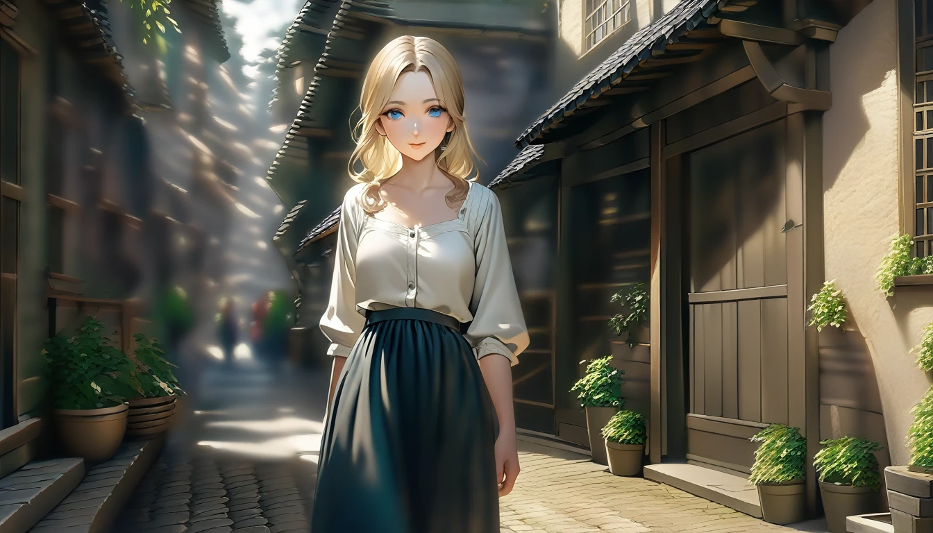 Highest quality, masterpiece, Realistic photos, Intricate details, RAW Photos, Super detailed, old fashioned young woman, Wearing a peasant dress, No neckline, Blonde, Perfect details and blue eyes, 古いTownを歩く, HD quality, 8k, young woman, 20-year-old、（smile）、Town、middle ages、Western、