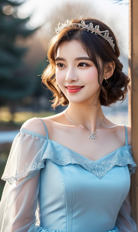(A cute girl, Korean Japanese fashion idol, short bob hair, ponytail,  kind smile, beautiful detailed eyes, ((beautiful detailed face)), long eyelashes, beautiful detailed lips, dimpled cheeks, ample bosom, natural pose, romantic night,

light off-the-shoulder, blue gown, floral lace, detailed bodice, sleeves, sweetheart neckline, sheer tulle-like fabric, delicate necklace, symmetrical design, elegant tiara, wavy brown hair, 

 masterpiece, photo-realistic, ultra-detailed, 8k, high resolution, portrait illustration, natural colors, bokeh, cowboy_shot, serene ambience, snowy outdoor, trees, SFW, safe for work)

 