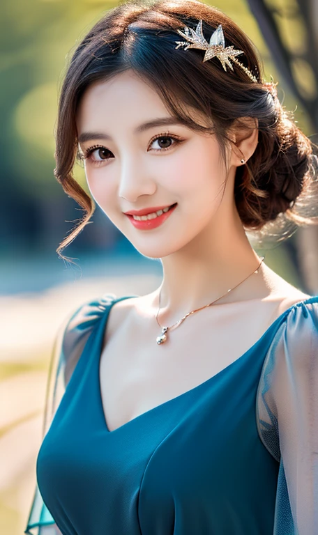 (A gorgeous lady, Korean, Japanese, Cute girl, fashion idol, short bob hair, wavy brown hair, ponytail, kind smile, beautiful detailed eyes, ((beautiful detailed face)), long eyelashes, beautiful detailed lip, dimpled cheeks, ample round bosom, natural pose, hands on hip, romantic night,
light off-the-shoulder, blue gown, floral lace, detailed bodice, sleeves, sweetheart neckline, sheer tulle-like fabric, delicate necklace, symmetrical design, elegant tiara,
masterpiece, photo-realistic, ultra-detailed, 8k, high resolution, portrait illustration, natural colors, bokeh, cowboy_shot, serene ambience, snowy outdoor, trees, SFW, safe for work)