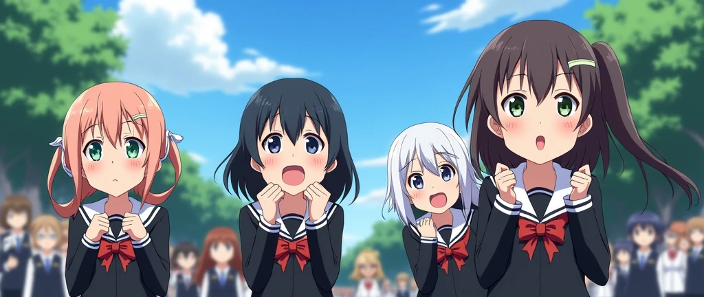 anime girls in white and black school uniforms in the background cheering, long sleeves uniforms, surprised faces, anime style, various people in the backgroung, looking up front, high school uniforms, anime girls , a cherring crowd, during daylight, blue sky and trees in the background