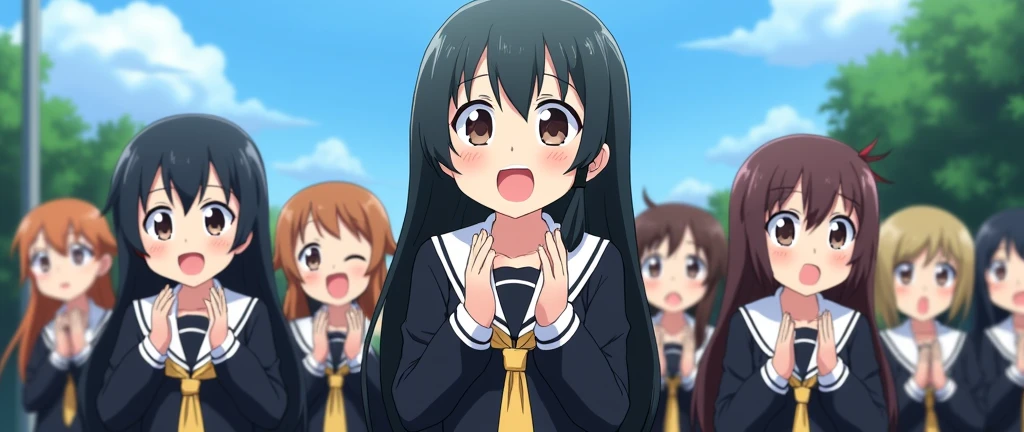 anime girls in white and black school uniforms in the background cheering, long sleeves uniforms, surprised faces, anime style, various people in the backgroung, looking up front, high school uniforms, anime girls , a cherring crowd, during daylight, blue sky and trees in the background