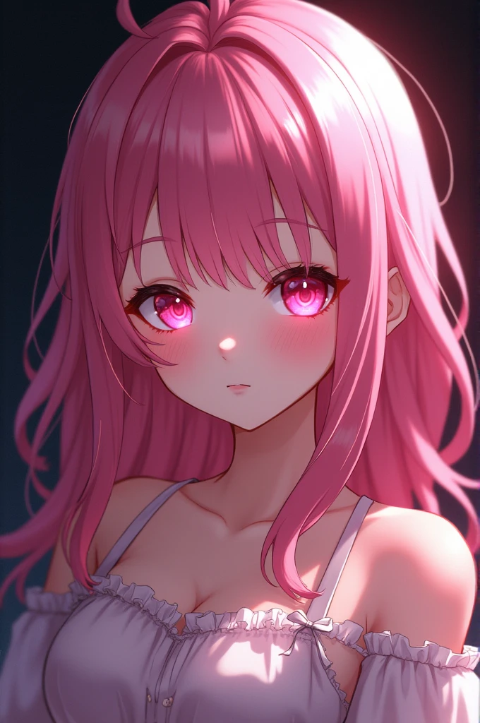 Create a pink eyed anime girl, a hair of the same color as her eyes and a black background