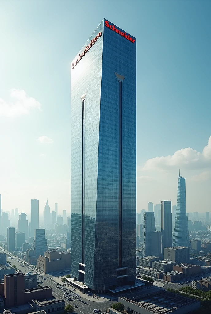 Very tall building that says Schneider on the top