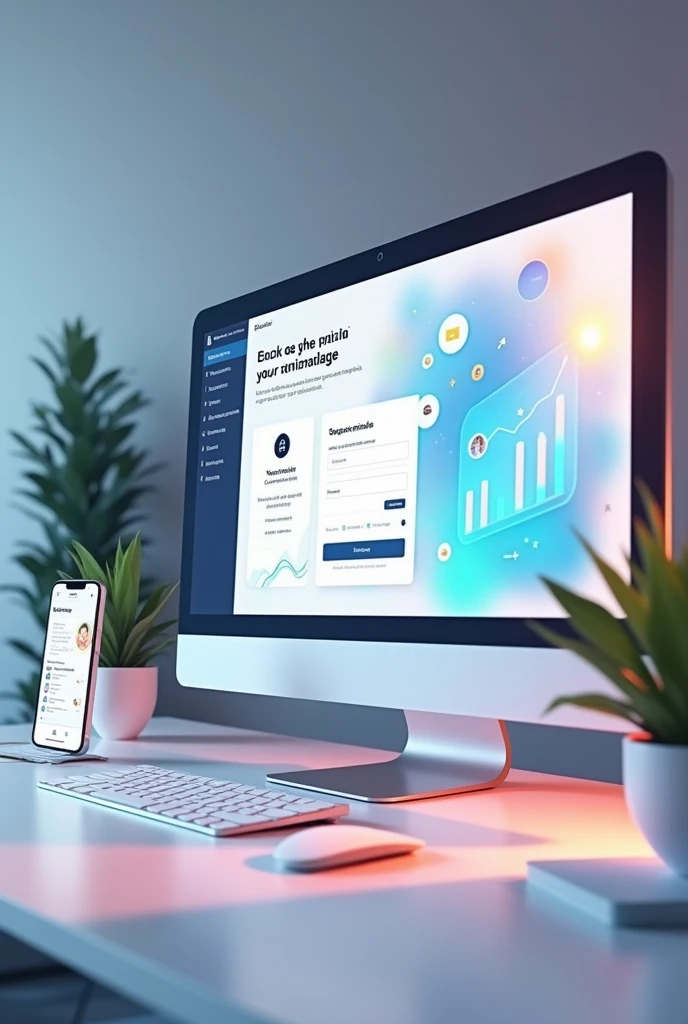 Design a detailed, hyper-realistic 3D visualization of a landing page optimized for conversions. The scene features a sleek, modern computer monitor displaying a professionally designed landing page. The landing page includes a bold, eye-catching headline, a clarifying subtitle, a high-quality image or video, a list of key benefits, and social proof elements such as customer testimonials or company logos. A prominent form with a clear call-to-action button is central, guiding the user's attention. The design is clean and conversion-focused, with a responsive preview on adjacent mobile devices, showcasing the page's adaptability. The environment is a well-lit, minimalist office, with dynamic lighting emphasizing the call-to-action button and other critical elements. Web analytics data is displayed on a secondary screen, highlighting the continuous measurement and optimization process. The color scheme is professional and brand-aligned, evoking a sense of trust, efficiency, and modern digital marketing