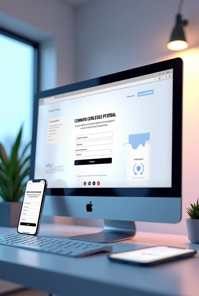 Design a detailed, hyper-realistic 3D visualization of a landing page optimized for conversions. The scene features a sleek, modern computer monitor displaying a professionally designed landing page. The landing page includes a bold, eye-catching headline, a clarifying subtitle, a high-quality image or video, a list of key benefits, and social proof elements such as customer testimonials or company logos. A prominent form with a clear call-to-action button is central, guiding the user's attention. The design is clean and conversion-focused, with a responsive preview on adjacent mobile devices, showcasing the page's adaptability. The environment is a well-lit, minimalist office, with dynamic lighting emphasizing the call-to-action button and other critical elements. Web analytics data is displayed on a secondary screen, highlighting the continuous measurement and optimization process. The color scheme is professional and brand-aligned, evoking a sense of trust, efficiency, and modern digital marketing