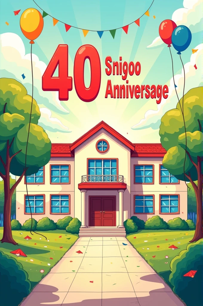 Drawing of a school, some decorations for their 40th anniversary, quite a few colors, The simplest drawing you can make