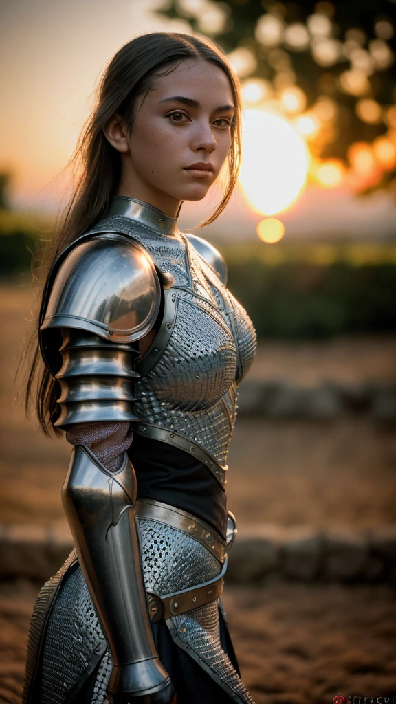 (masterpiece), (extremely intricate:1.3), (realistic), portrait of a girl, the most beautiful in the world, (medieval armor), metal reflections, upper body, outdoors, intense sunlight, far away castle, professional photograph of a stunning woman detailed, sharp focus, dramatic, award winning, cinematic lighting, octane render unreal engine, volumetrics dtx, (film grain, blurry background, blurry foreground, bokeh, depth of field, sunset, motion blur:1.3), chainmail
