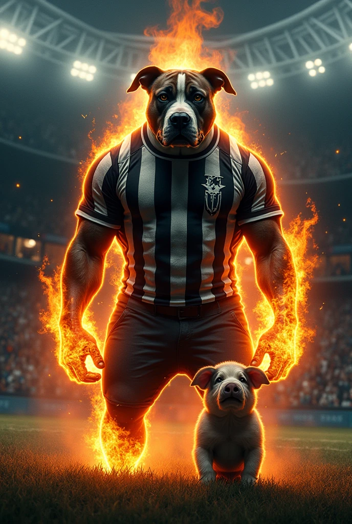 A large dark gray pitbull dog, very strong, standing as if he were human, brawny, very angry, around one of the dog's eyes a white star is tattooed. Fire comes out of one of the dog's paws. Flames of fire come out from behind the dog. The dog is wearing a shirt with alternating vertical black and white stripes.. Background of a football field at night , Void, grimdark. The pig is scared and crying.