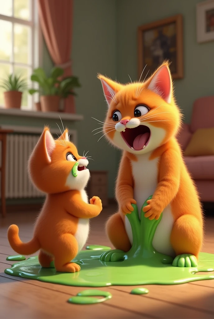 A orange realistic chubby kitten. The green slime from earlier is now partially covering the kitten legs . The orange realistic chubby mother cat very angry and shouting on her, amused by the kitten’s scared and crying tears seen visible. The scene is light-hearted, with the living room still warm and inviting, capturing the hateful and affectionate relationship between the two.