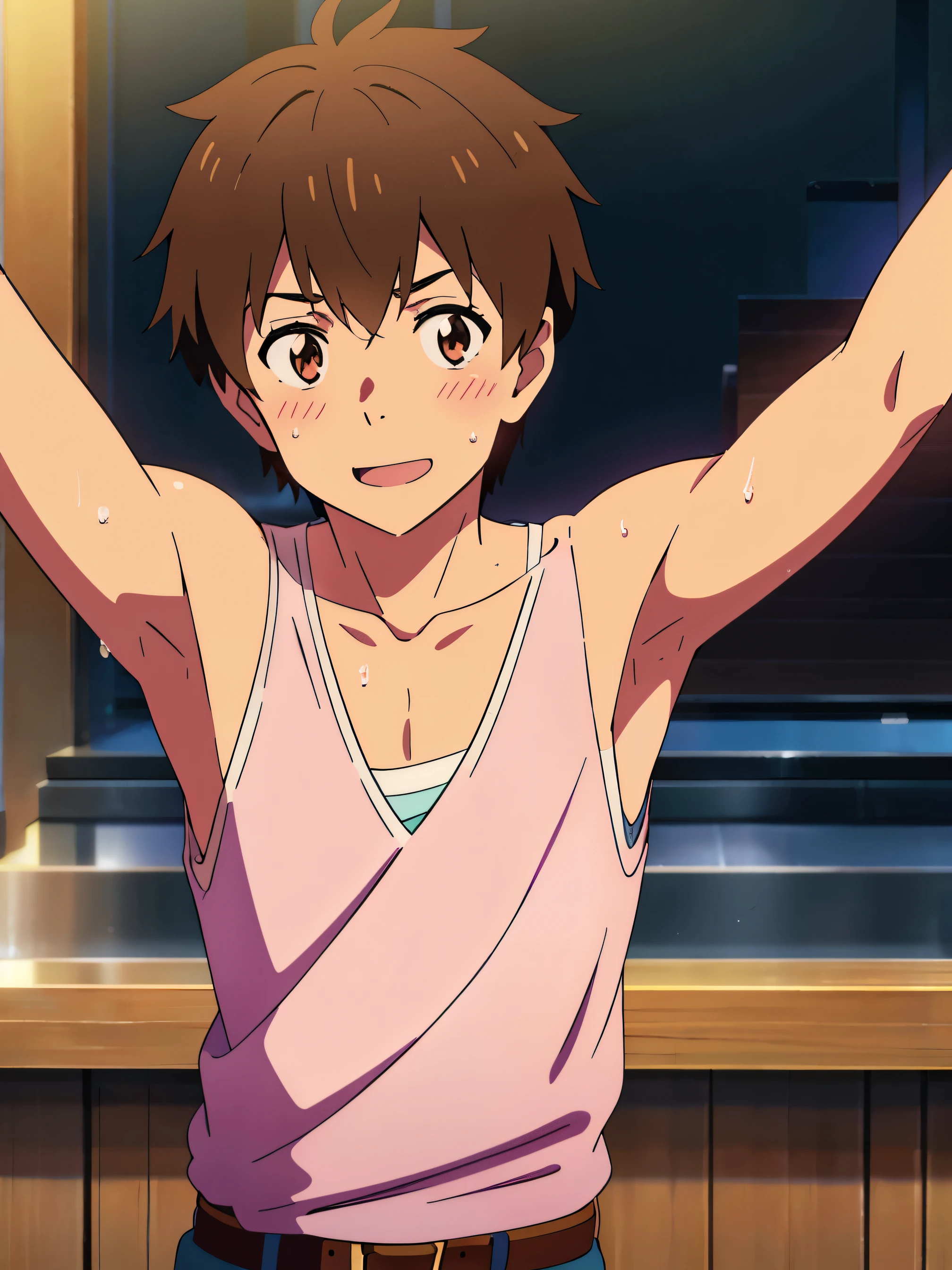 Ultra sharp, masterpiece, best quality, shinkai makoto, kimi no na wa, 1boy, Boy, Shota, brown hair, Taki, Tank top, Bare shoulder, blush, (Showing armpit:1.3), smile, cute boy, open mouth, adorable boy, looking at the viewer, Belt, sweat, Simple beckground