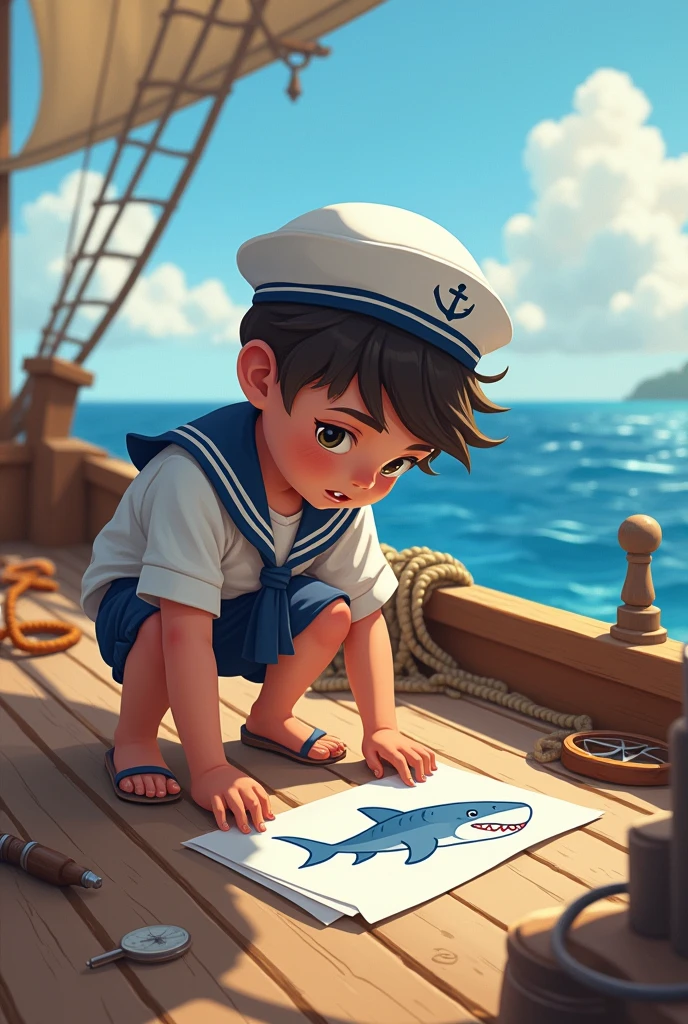 Child Boy Sailor with Drawing Baby Shark Sea Ship