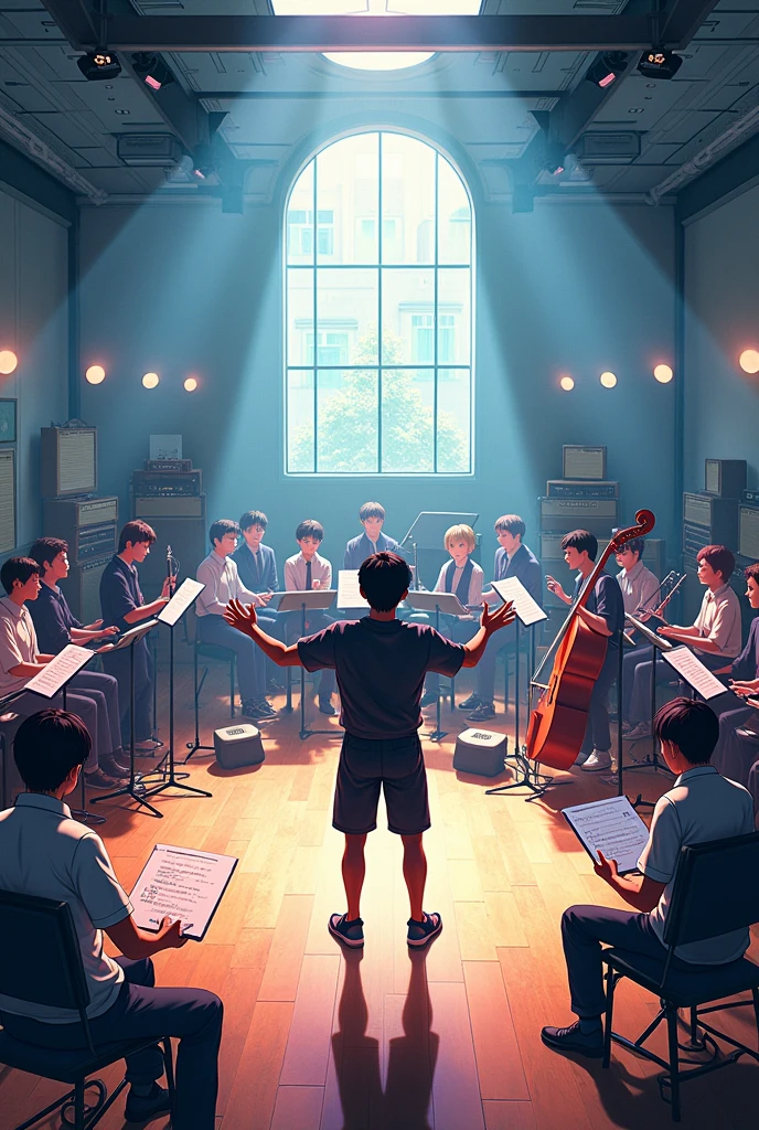 A panoramic view of a music rehearsal room with a person directing anime