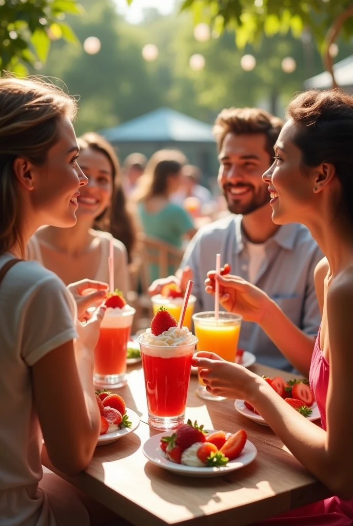 Real people eating strawberry cream cups and drinking juices