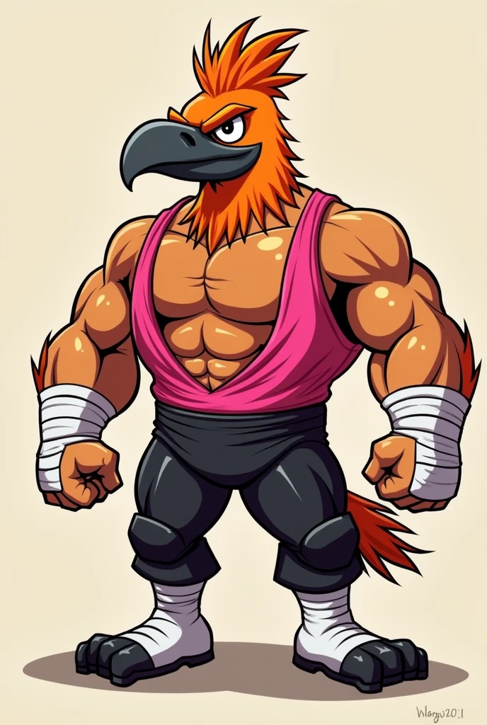 Cartoon hawk dressed like WWE wrestler Jim the anvil neidhart.  Cartoon hawk head. Cartoon hawk body. Cartoon hawk hands
 Orange buzzcut hair. Orange  beard. That comes down into a point . White wrist tape. Pink singlet. Black pants. White wrestling boots