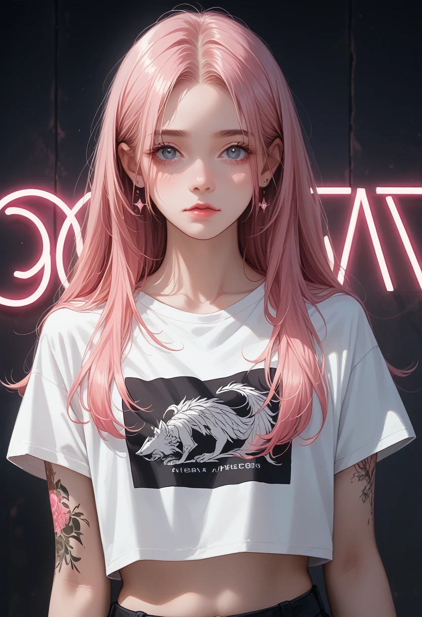 score_9, score_8_up,score_7_up, masterpiece, best quality, perfect anatomy, very aesthetic, official art, 8k,"Digital illustration of a girl with long hair., illuminated by a pink neon glow. The girl has a serene expression on her face, She is wearing a black cropped T-shirt., with a detailed tattoo on his arm. background dark, highlighting the bright neon colors and artistic style of the illustration. The drawing style is similar to that of the Pixiv artist..",Full elaboration of details, clear detail, Maximum Quality, bright colors,