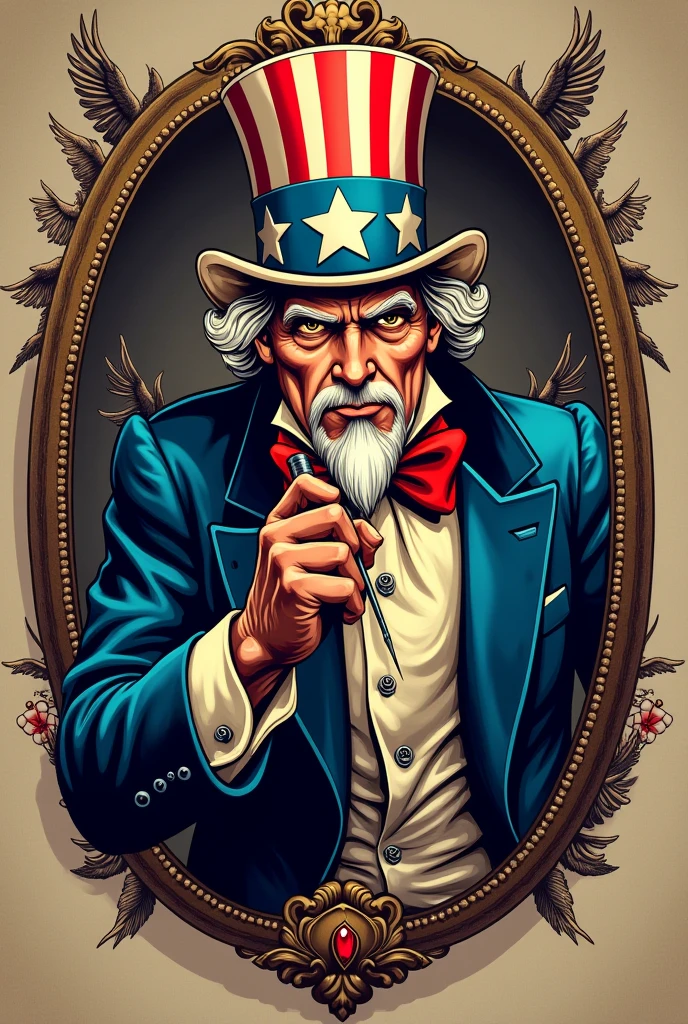 Create an image based on what will be used as the logo for a tattoo studio called "Tio Sam"
The idea is Uncle Sam being a tattoo artist holding a tattoo needle and on his body some tattoos coming out of a mirror and below the name of the company..