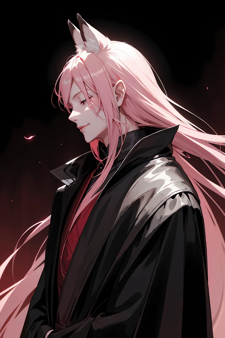 profile, upper body, from, ((masterpiece)), best quality, extremely detailed face, correct exposure, perfect lighting, depth of view, ((black and white chinese robe, overcoat,leather shoes,)), man, man with fox ears, fox tail, pink fox tail and pink ears, shoulder length hair, pink hair, slight smile, closed eyes, closed eyes, relaxed face, young man, sly, slightly creepy, backlight, reddish light, reddish tips of the ears and hair, CLOSED EYES, SMALL CREEP SMILE, contrasting red light, dark background, creepy atmosphere