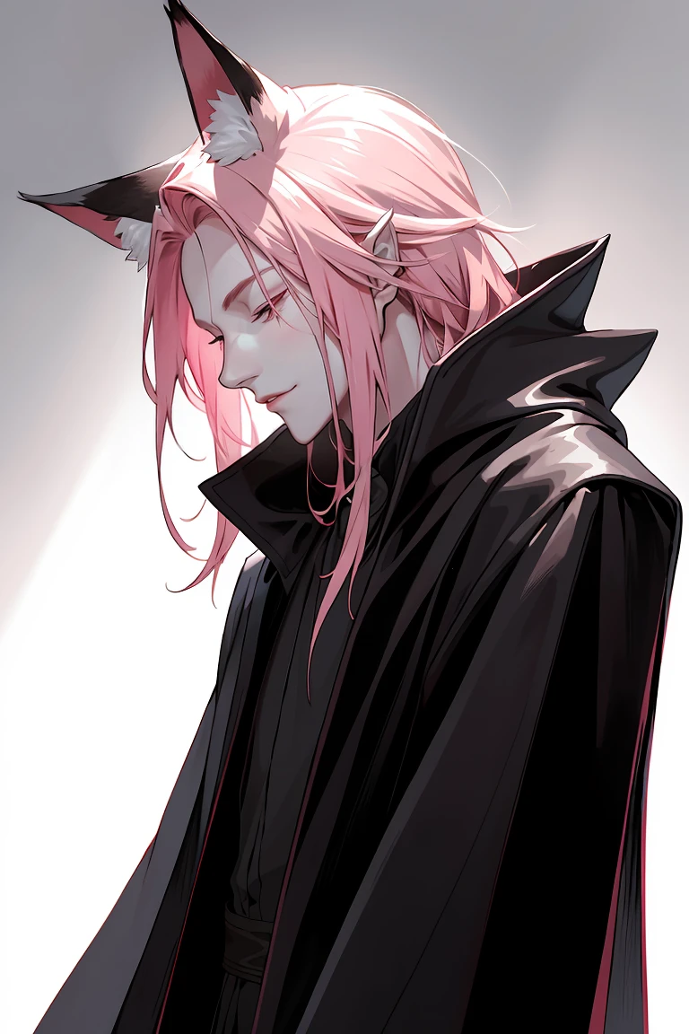profile, upper body, from, ((masterpiece)), best quality, extremely detailed face, correct exposure, perfect lighting, depth of view, ((black and white chinese robe, overcoat,leather shoes,)), man, man with fox ears, fox tail, pink fox tail and pink ears, shoulder length hair, pink hair, slight smile, closed eyes, closed eyes, relaxed face, young man, sly, slightly creepy, backlight, reddish light, reddish tips of the ears and hair, CLOSED EYES, SMALL CREEP SMILE, contrasting red light, dark background, creepy atmosphere 