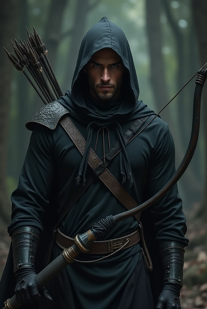 Black ninja archer elf, masculine, dark