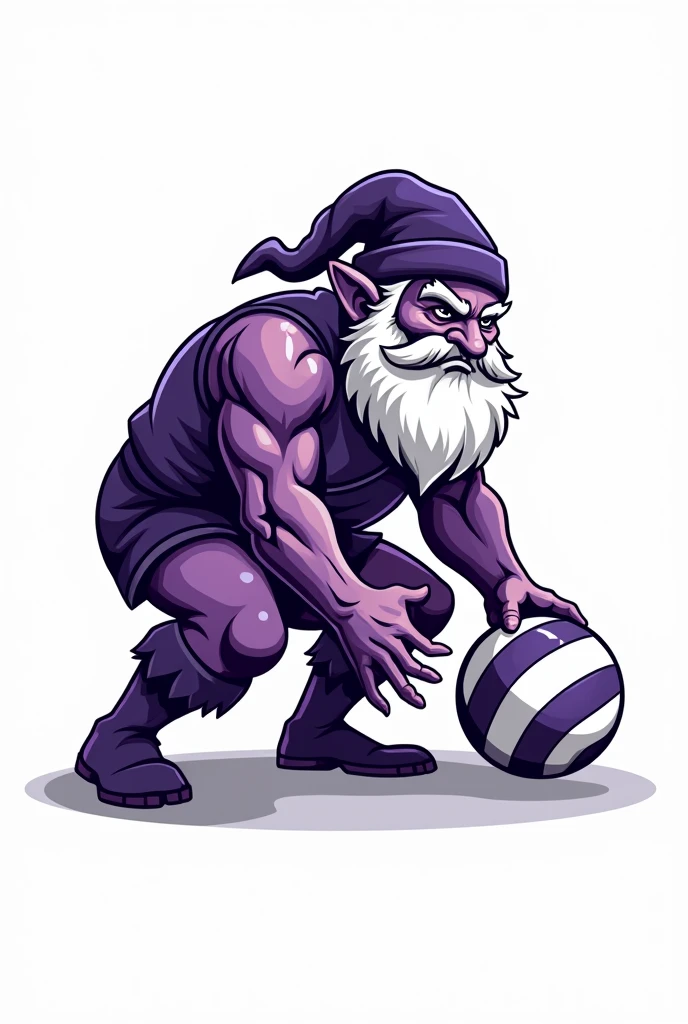 Create a morale boosting logo for my volleyball team using the colors purple and white, make a crouching dwarf, but without showing him too much with a volleyball in the logo