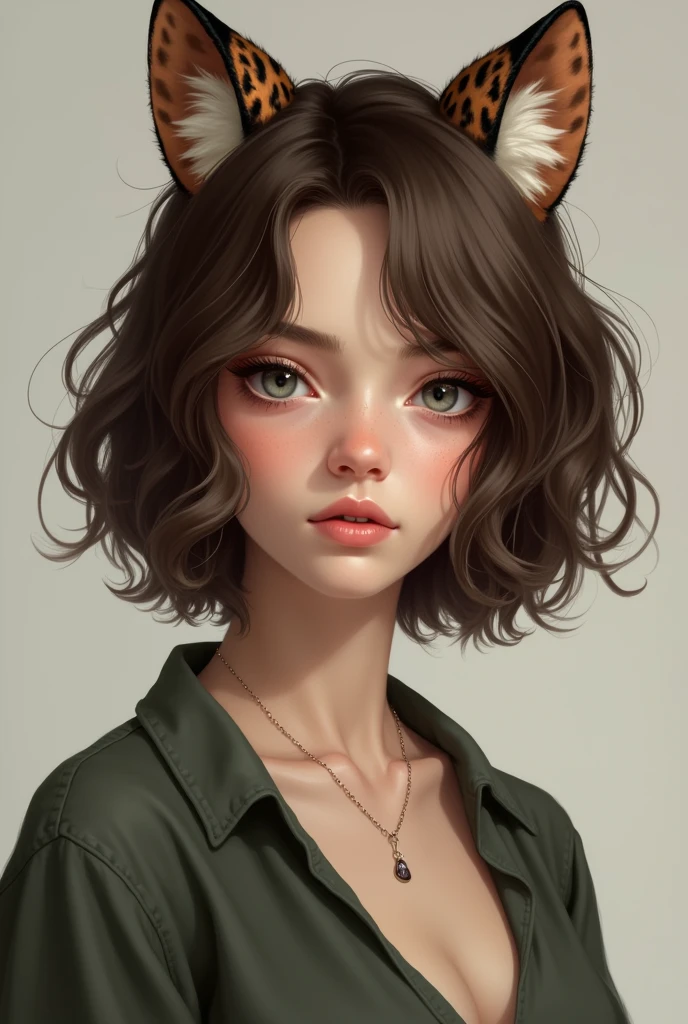 A 21-year-old girl with short brown hair to the middle of her neck and gray eyes, with leopard ears on her head.