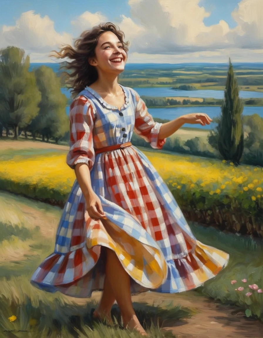 (scene of joy) a young dreamy girl joyfully inhales fresh air with her arms spread, a sweet joyful smile, in a checkered dress (in the style of Marie Elisabeth Louise Viger-Lebrun), ((fresh oil palette canvas/acrylic)), Intricate, Extreme Detail, Complex key, ((Single Shot)), ((Best Quality)), ((Masterpiece)), ((Realistic)), 8k