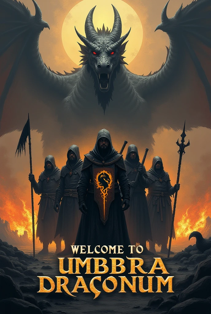 Create me an image with a dark and gloomy tone for a guild cover.
1. Place at the bottom of the image the following text "Welcome to Umbra Draconum". Centered text, first smaller the "Welcome to" and underneath larger and more imposing the text "Umbra Draconum".
2. Place 7 warriors in the style of World of Warcraft or Albion Online, wearing dark clothes and weapons such as axes, swords, ice and fire mage staffs, spears, bows and staffs.
3. The warrior in the center will hold a banner, with a dark yellow flag and a dark red v-shaped line in the middle, and in the center place the logo of a full black dragon. 
4. Place in the background flames coming out from the ground in shades of yellow and red, keeping that dark tone. 
5. From the bottom of everything should emerge the shadow of a very imposing oriental dragon, this dragon should be seen in its entirety above the banner and the 7 warriors.
Do not omit the text, it is very important.
