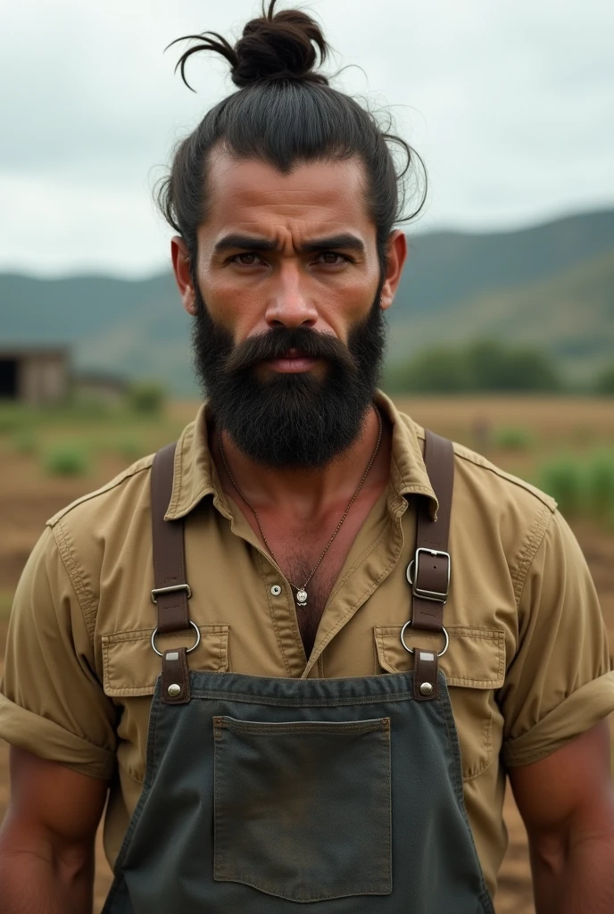 A young Brazilian man with a beard in a simple farmer's outfit, wearing hair in a bun
