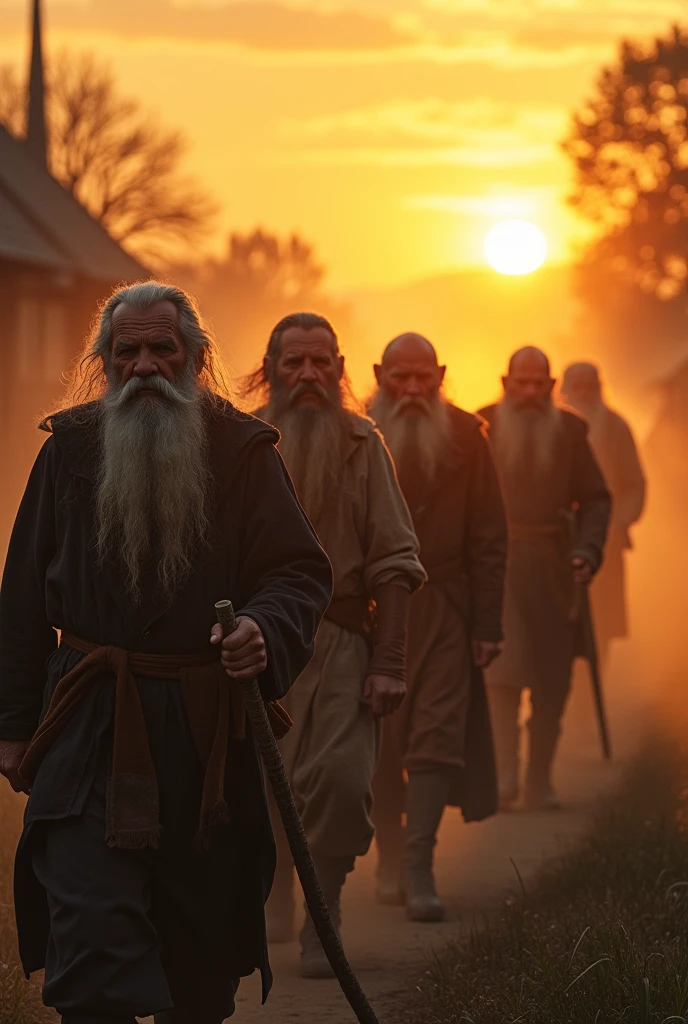 La marche des 4 vieux Gardiens : Les 4 vieux Gardiens quittant le village à la lueur de l'aube, marchant ensemble vers une nouvelle quête. Ils sont déterminés, leurs visages illuminés par les premières lueurs du soleil, prêts à affronter les défis à venir.