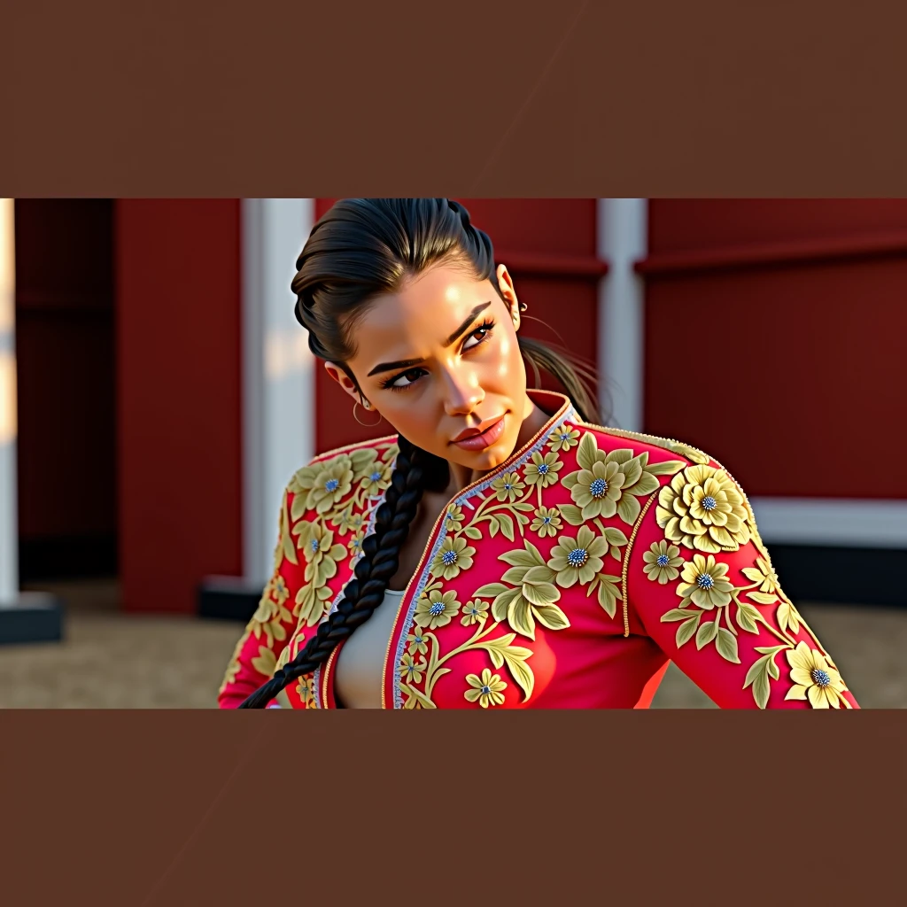 "A side profile of a brown-skinned woman with a long braid tied close to the nape, her head slightly tilted down towards her shoulder. She is dressed in a fitted, traditional bullfighter outfit adorned with intricate gold embroidery on vibrant red fabric. The woman has a prominent nose, typical of Romaian ethnicity. The background features a bullring with a warm, slightly orange hue and a cinematic grain effect.