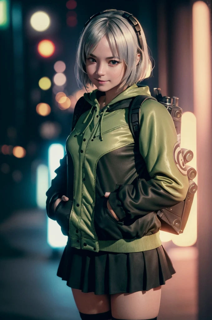 A young girl in realistic portrait of high quality and detail, movie style, Anby Demara (Zenless Zone Zero), She has short silver hair and light brown eyes. She wears a short black skirt and a green suit with a backpack on her back, long black knee socks and green sneakers, pale skin, european girl, medium breast, futuristic style, cynerpunk style, dark atmosphere, happy look, glow, eye shadow, 1girl, Depth & Perspective, full-length photo, smiling face, fine face, She's standing in the japanese street, outdoors, neon signs in Japanese in the background, day time, looking at viewer, (ultra-high detail:1.2), Masterpiece, Best Quality, Ultra-detailed, Cinematic lighting, 8K, delicate features, cinematic, 35 mm lens, f/1.9, highlight lighting, global lighting –uplight –v 4, cinematic, Cinematic lighting, 8K, high quality, Highest Quality, (Solo Focus), (extremly intricate:1.3), (Realistic), masterful, Analog style, (Film grain:1.5), (cold tone),