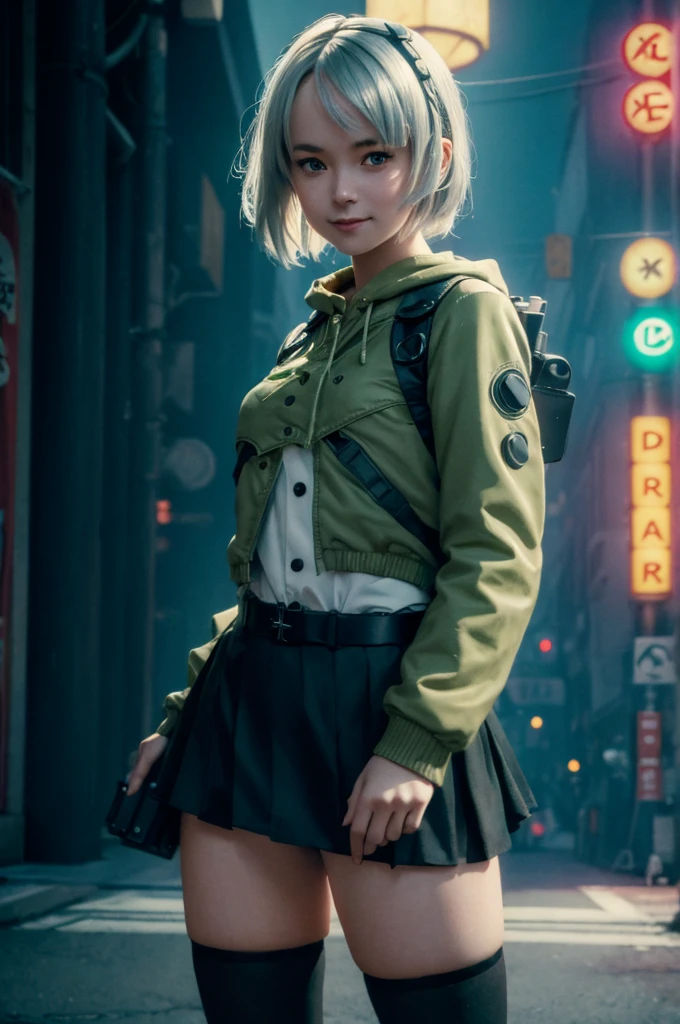A young girl in realistic portrait of high quality and detail, movie style, Anby Demara (Zenless Zone Zero), She has short silver hair and light brown eyes. She wears a short black skirt and a green suit with a backpack on her back, long black knee socks and green sneakers, pale skin, european girl, medium breast, futuristic style, cynerpunk style, dark atmosphere, happy look, glow, eye shadow, 1girl, Depth & Perspective, full-length photo, smiling face, fine face, She's standing in the japanese street, outdoors, neon signs in Japanese in the background, day time, looking at viewer, (ultra-high detail:1.2), Masterpiece, Best Quality, Ultra-detailed, Cinematic lighting, 8K, delicate features, cinematic, 35 mm lens, f/1.9, highlight lighting, global lighting –uplight –v 4, cinematic, Cinematic lighting, 8K, high quality, Highest Quality, (Solo Focus), (extremly intricate:1.3), (Realistic), masterful, Analog style, (Film grain:1.5), (cold tone),