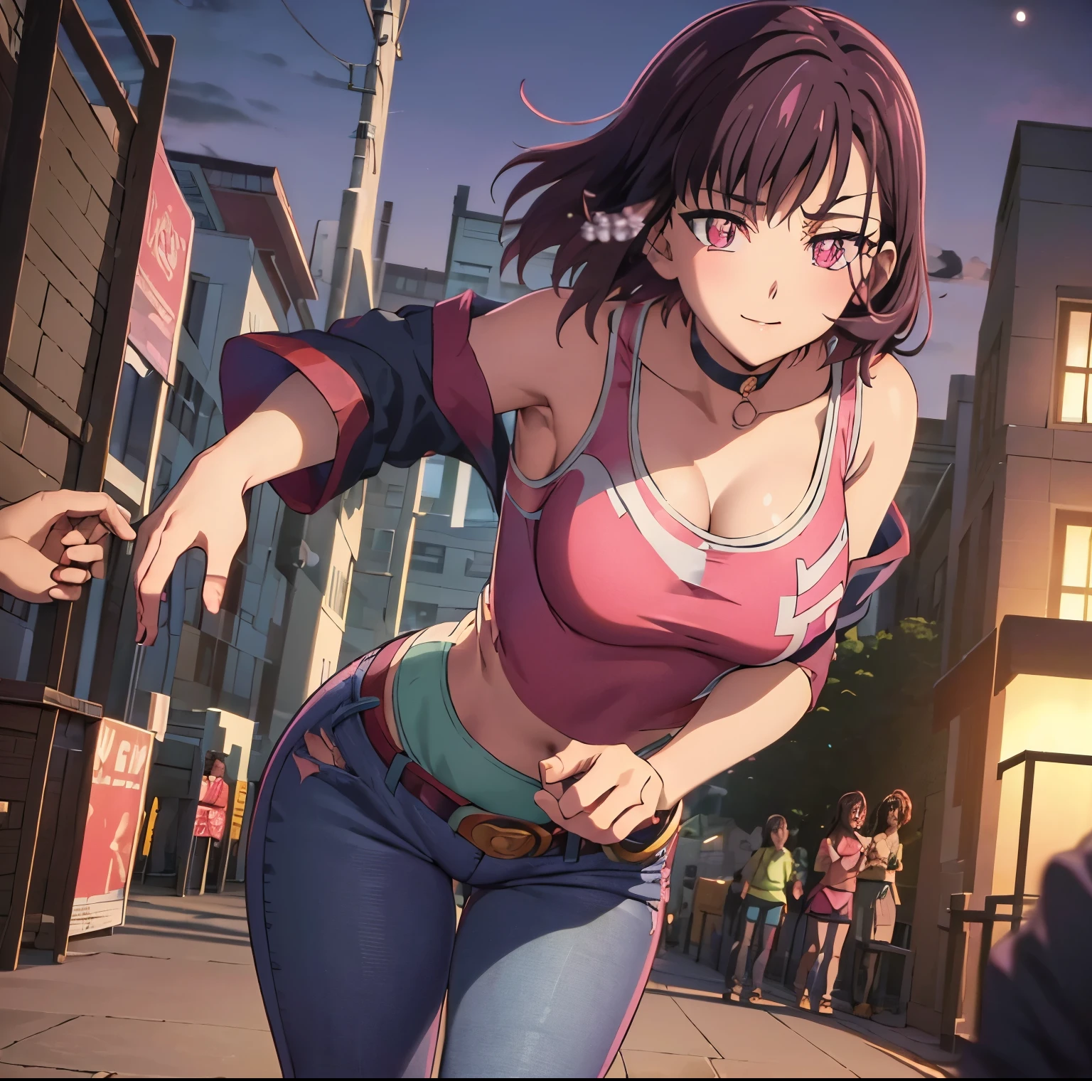 ((1girl)),((alone)),shizuka mikazuki, (zom 100),(masterpiece), (best quality), (ultra detailed), (best illustration), (best shadow), (absurdities), focus sharp, cowboy photo, atmospheric perspective, depth of field, dynamic posture facing viewer, medium breasts, narrow waist, wide hips, wide thighs, round butt, erotic, romantic, (highly detailed eyes, 1.1 lips), highly detailed eyes , eyes, Very detailed face, Very pretty face, Symmetrical face, Aesthetic face, perfect face, perfect eyes, detailed eyelashes: 1.5), full height, beautiful slender figure, femininity, expressive appearance, elastic medium breasts, sexuality, parted lips, short hair, purple hair, hair ornament, hairpin, (pink eyes: 1.5), swept bangs, ((neckline:1.4)), collarbone, jewelry:1.3, ring, ((jeans:1.4)), ( (tight pants:1.3)), bracelet, ((choker:1.3)), jeans, fake nails, pink nails, shirt, ((black camisole:1.4)), ear piercing, ((belt:1.2)), nail polish, beaded bracelet, beads, black choker, hand on hip, curves, defined body, perfect and beautiful body, perfect and beautiful, closed mouth, serious expression, smile, blush, (sexy pose: 1.2), (( solo)), standing: 1.3, ((exterior, streets, city, night, landscape urban,city lights, buildings,moon)), looking back,from behind,((focus on ass:1.4)), point of view:(from below), perfect anatomy, perfect hands